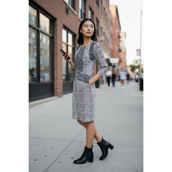 Antonio Melani Black White Textured Sheath Dress Mesh Panels Size 8 - Picture 3 of 16